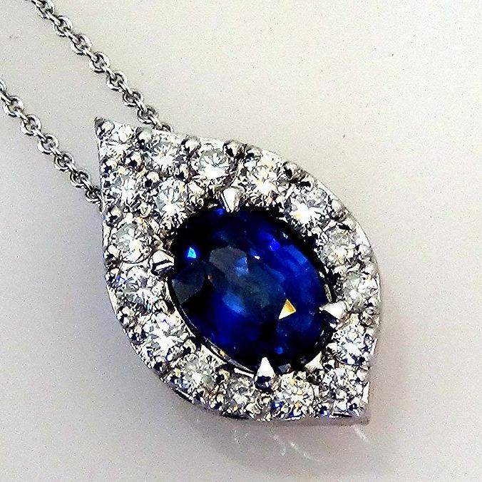 natural blue oval cut sapphire diamond 14kt pendant - Shilat