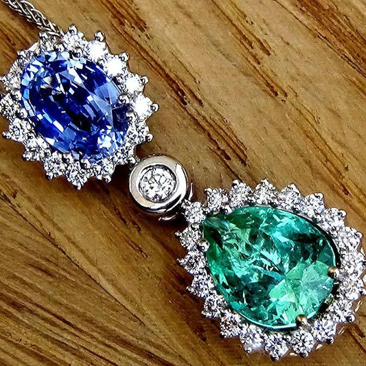 blue Sapphire ,Green Emerald and  diamond Necklace - Shilat