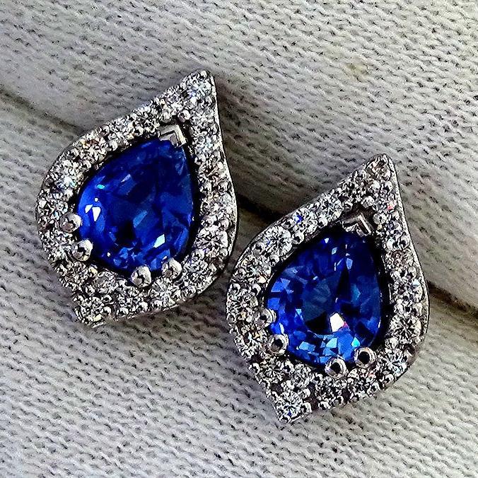 diamonds 14kt  stud earrings sapphire - Shilat