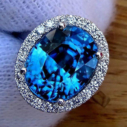 Blue Cambodian zircon ring diamond 10.39ct - Shilat 