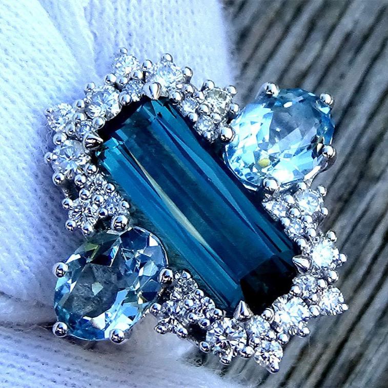 blue tourmaline diamonds 14kt ring - Shilat