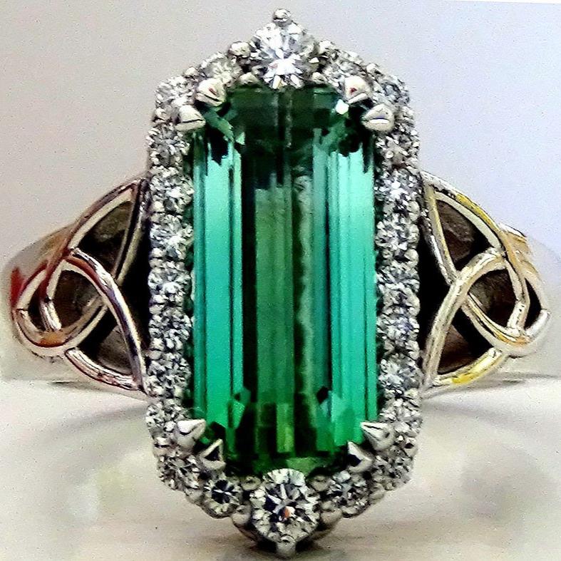 natural green tourmaline diamonds 14kt gold ring - Shilat