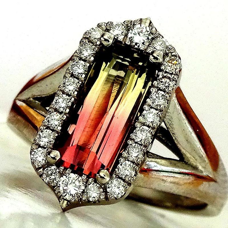 natural bi color  tourmaline diamonds ring - Shilat