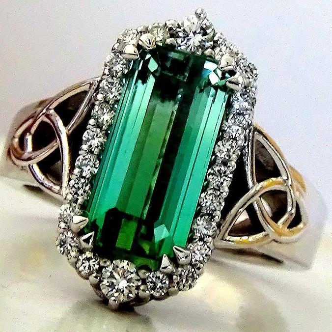 natural green tourmaline diamonds 14kt ring - Shilat