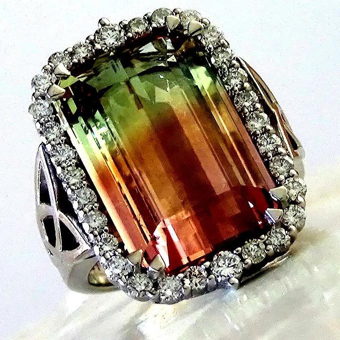 natural bi color tourmaline diamonds 14kt ring - Shilat