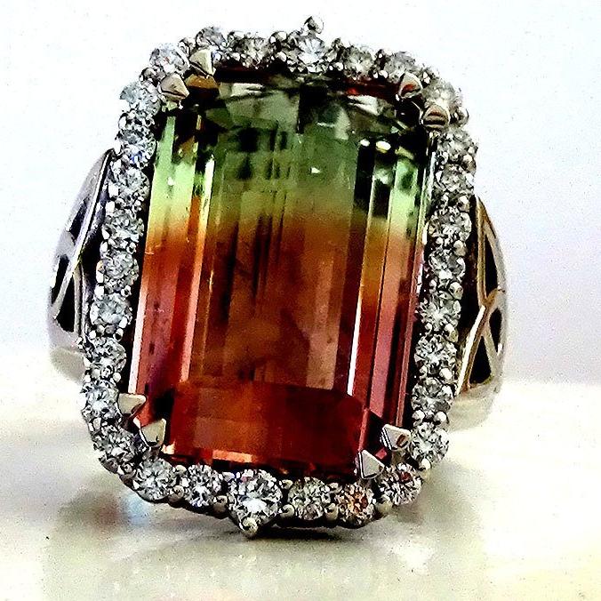  bi color tourmaline diamonds 14kt ring - Shilat