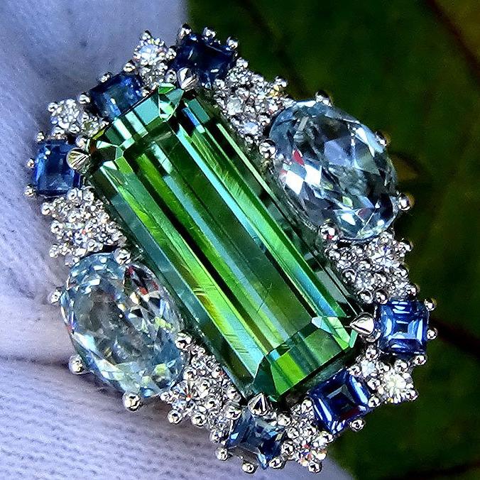 natural neon green tourmaline gold diamond ring - Shilat